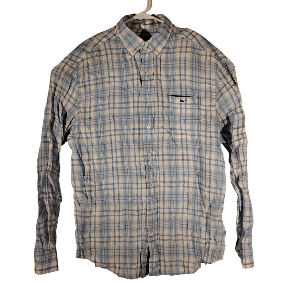 Vineyard Vines shirt mens L LArge blue plaid classic fit tucker 100% linen